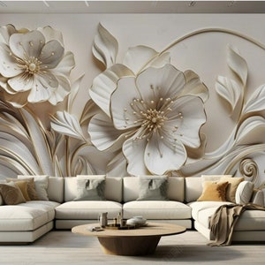 3D White Big Flowers Floral Plaster Wallpaper Wall Mural Home Decor for