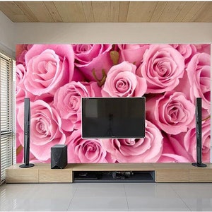 3D Pink Rose Floral Wallpaper: Hand-painted Wall Mural - Etsy