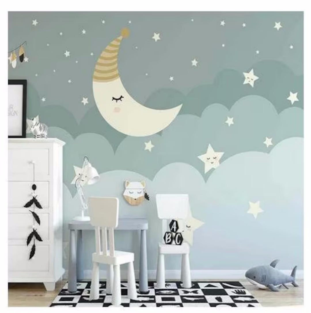 Custom Cartoon Stars and Moon Wallpaper Mural: Baby Nursery Decor - Etsy