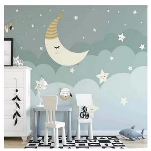 Custom Cartoon Stars and Moon Wallpaper Mural: Baby Nursery Decor