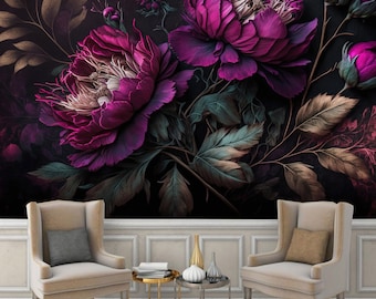 Fuchsia Peony Floral Wallpaper Mural: Dark Home Decor