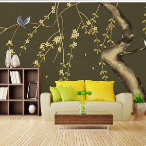 Papel de parede Chinoiserie Willow Tree: Mural de pássaros voando