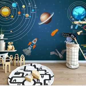 Univers moderne planètes espace carte du monde pépinière papier peint, peint à la main planète enfants chambre bébés chambre murales