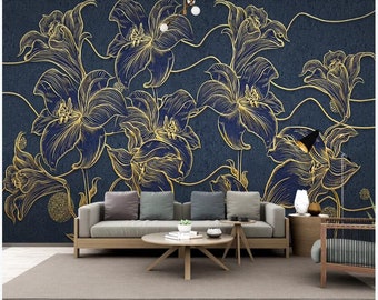 Navy Blue Background Gold Flowers Lily Wall Mural, Hand Painted Gold Lily Wall Murals Wall Decor