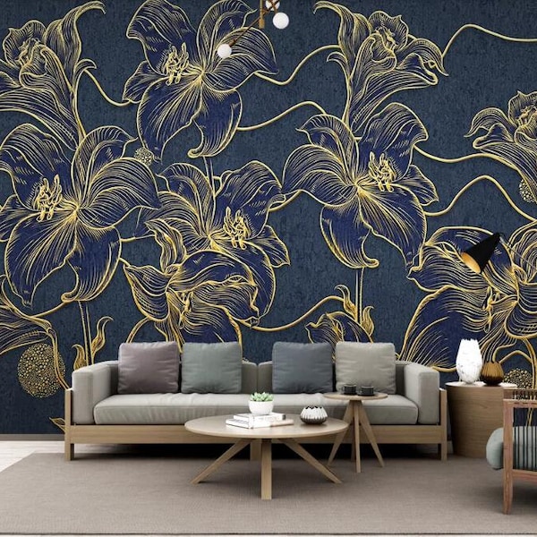 Navy Blue Background Gold Flowers Lily Wall Mural, Hand Painted Gold Lily Wall Murals Wall Decor