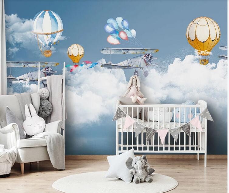 Sky Blue Background White Clouds Nursery Wallpaper Hotair Etsy