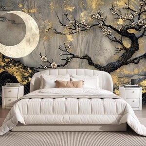 3D Chinoiserie Brushwork Gloden Plum Blossom Blossom with Moon Wallpaper Wall Mural for Living Room Bedroom Dinning Room