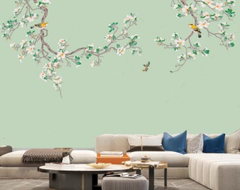 Chinoiserie Brushwork Green Background Magnolia Flower Branch with Flying Birds Wallpaper Wall Mural Home Decor for Living Room Bedroom