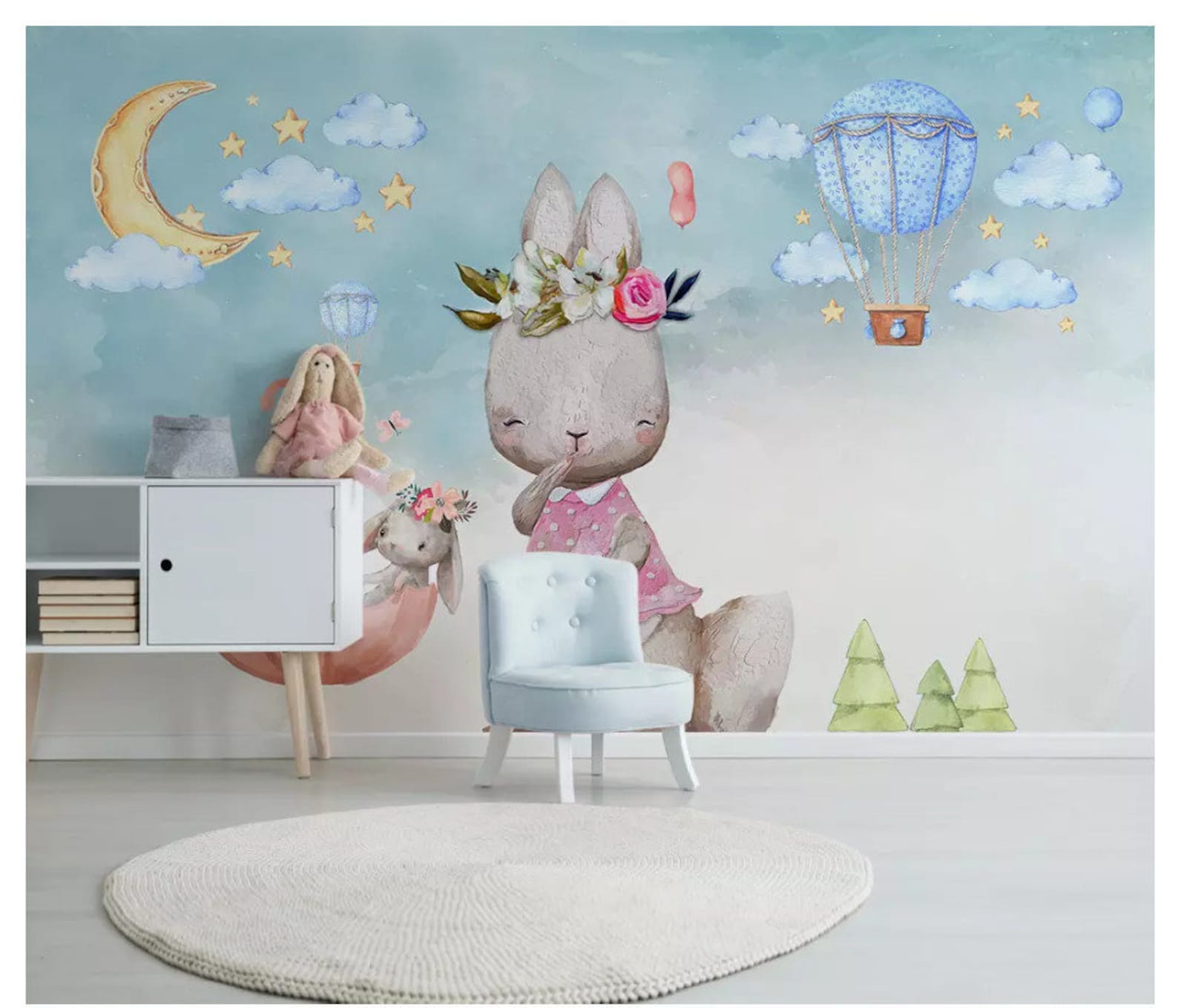 Nordic Minimalist Nursery Wallpaper Bunny Balloon Robbits - Etsy