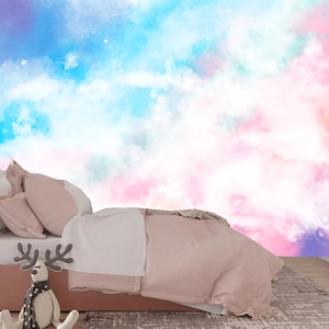 Watercolor Pink Cotton Candy Clouds Wallpaper Mural