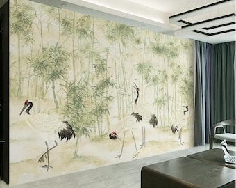 Bamboo Crane Wallpaper Mural: Elegant Chinese Wall Decor