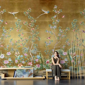 Chinoiserie Gold Background Vine Wallpaper, Flowers and Plants Home Decor Wall Murals for Living or Dinning Room