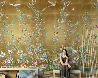 Chinoiserie Gold Background Vine Wallpaper, Flowers and Plants Home Decor Wall Murals for Living or Dinning Room