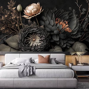 Dark Background White and Black Peony Blooming Flowers Floral Wallpaper Wall Mural Home Decor
