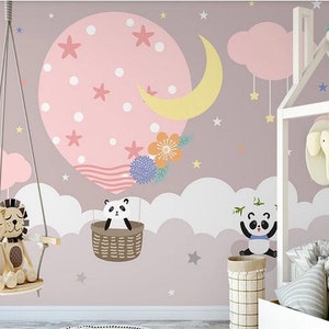 Cartoon White  Clouds Nursery Wallpaper, Lovely Pandas and Pink Hot-air Balloon Baby Girls'  Room or Kids' Room Wall Murals