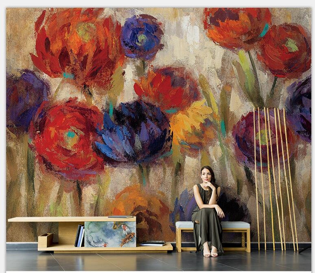 Abstract Watercolor Red Poppy Flowers Floral Wallpaper Wall Mural ...