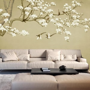 Chinoiserie Hanging Magnolia Tree Wallpaper, Handpainted Brushwork Flying Birds and  Magnolia Flowers Wall Murals for Living or Dinning Room