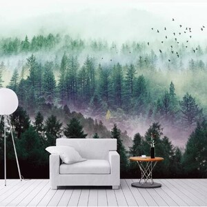 Misty Forest Scene Mural, Palm Tree Forests Mural, Forest Haze Wallpaper, Nursery and Room Décor, Flying Birds Vinyl Wall Decal Wallpaper