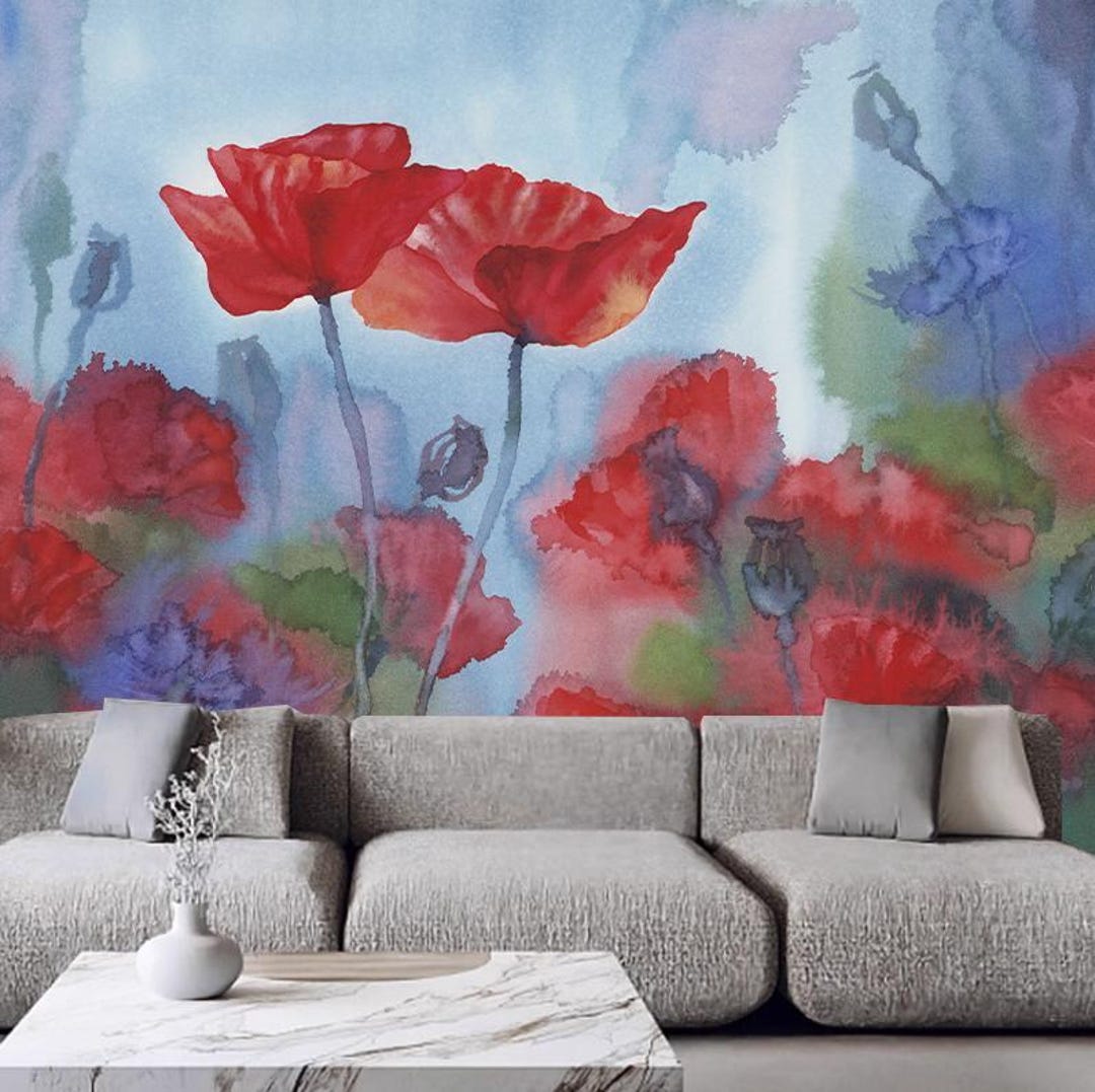 Red Poppy Field With a Grass Flowers Wallpaper Wall Mural Home Decor - Etsy
