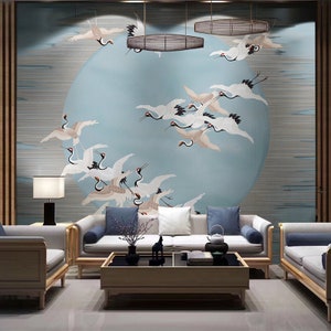 Chinoiserie Clouds and Cranes Wallpaper Wall Mural Home Decor