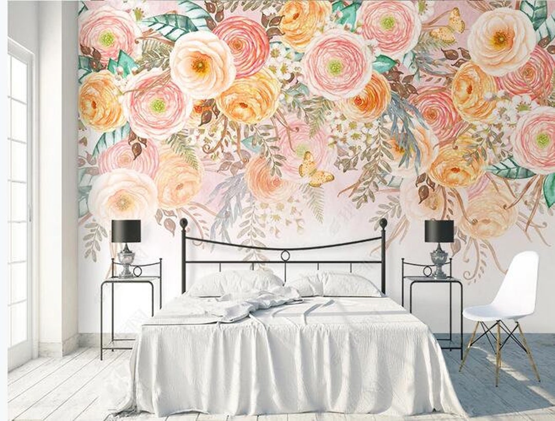 Watercolor Hanging Orange and Pink Flowers Floral Wallpaper - Etsy