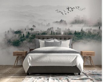 Foggy Forest Mural Wallpaper: Ombre Mountain Pine Tree Landscape