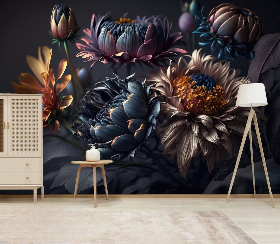 Dark Floral Peony Wallpaper Mural: Home Decor - Etsy