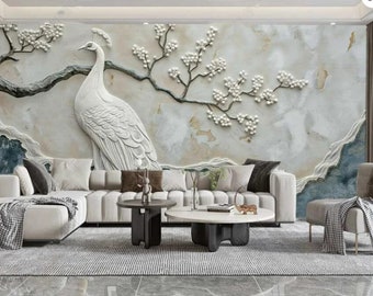 May include: A white sculpted peacock sits on a branch with white blossoms against a textured gray and blue background. The peacock is a 3D wall mural with a modern design.