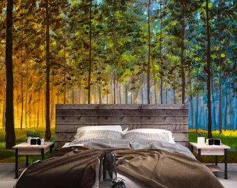 May include: A wooden bed frame with a brown headboard and footboard. The bed is made with white and gray bedding and a brown blanket. The bed is in front of a wall mural depicting a forest scene with trees in shades of green, blue, and yellow.
