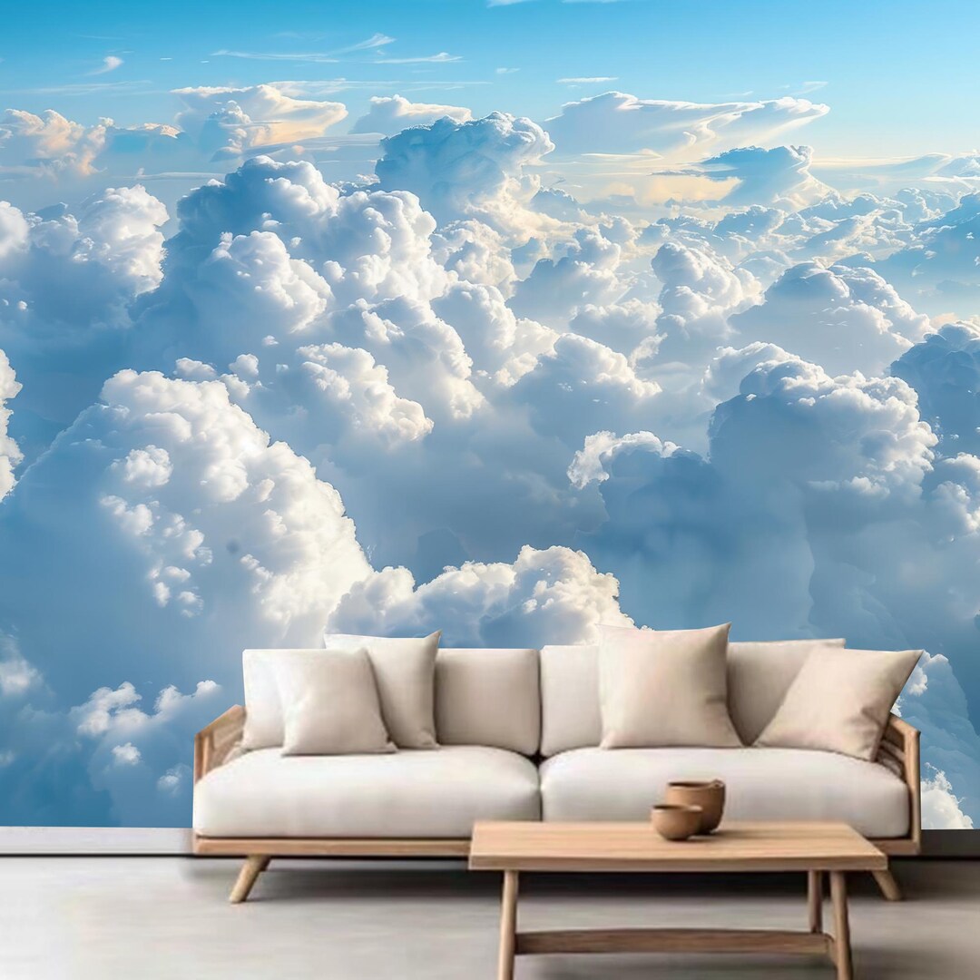 Sky Blue Fluffy Clouds Nature Landscape Wallpaper Wall Mural Home Decor