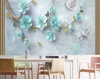 Hanging Blue Big Rose Flowers Floral Branch with Flying Pigeons Wallpaper Wall Mural Home Decor for Living Room Bedroom Dinning Room