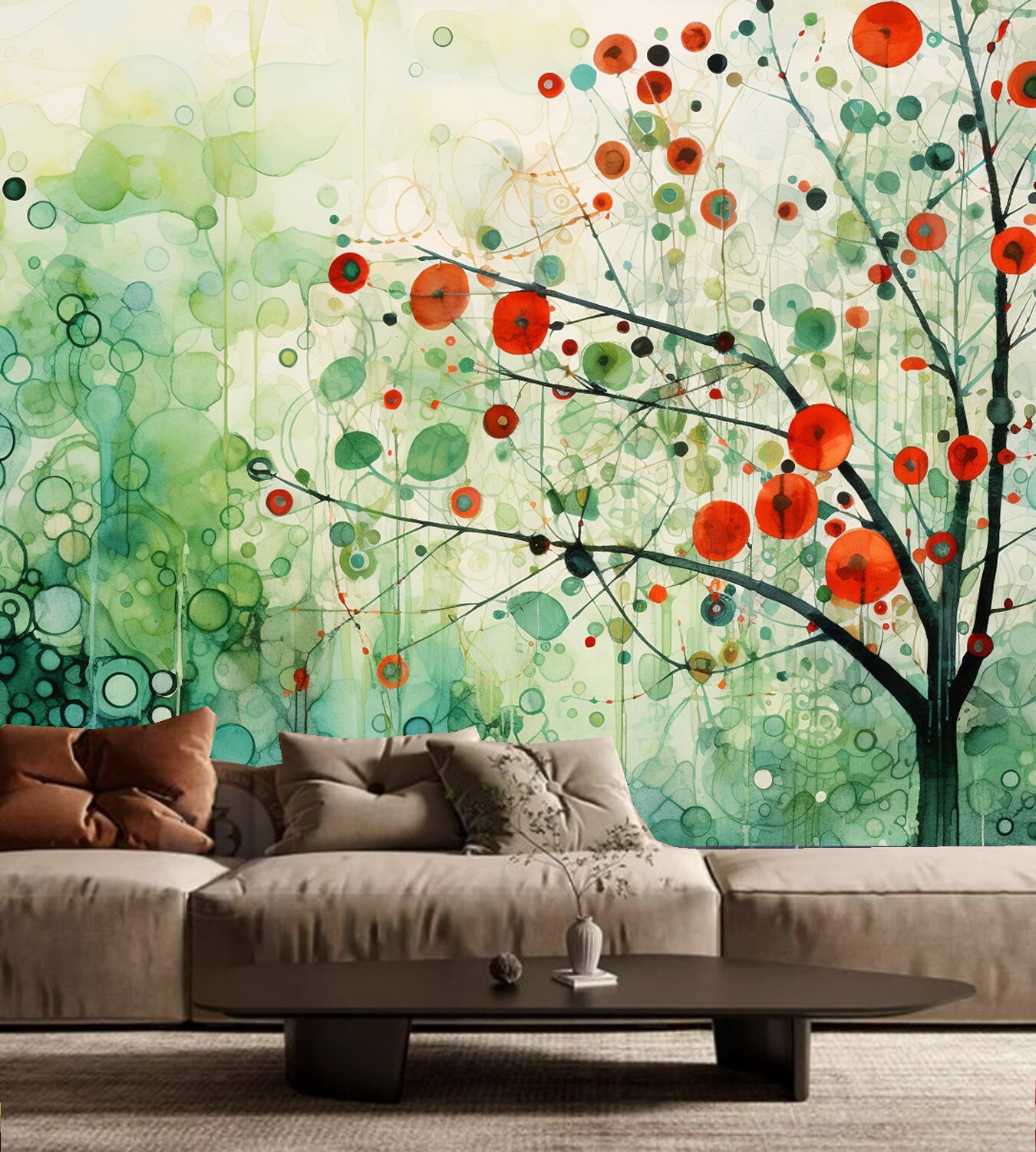 Abstract Tree Oil Painting Wallpaper Mural: Circle Flowers Wall