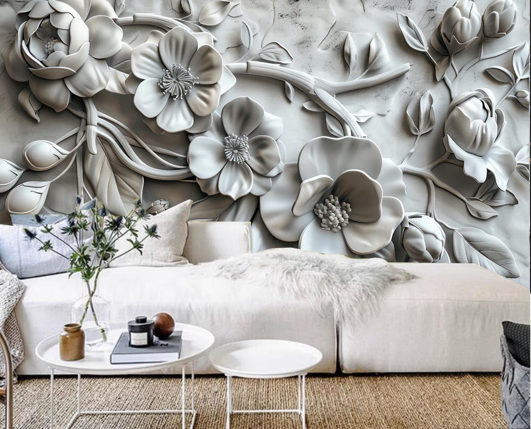 Romantic White Flowers 3D Wallpapers, Modern And Simple Large 3D Background Wall Art Mural, Premium Fashion Interior Design Decor Wall Sticker For Living Room Home Mural,144"Wx100"H