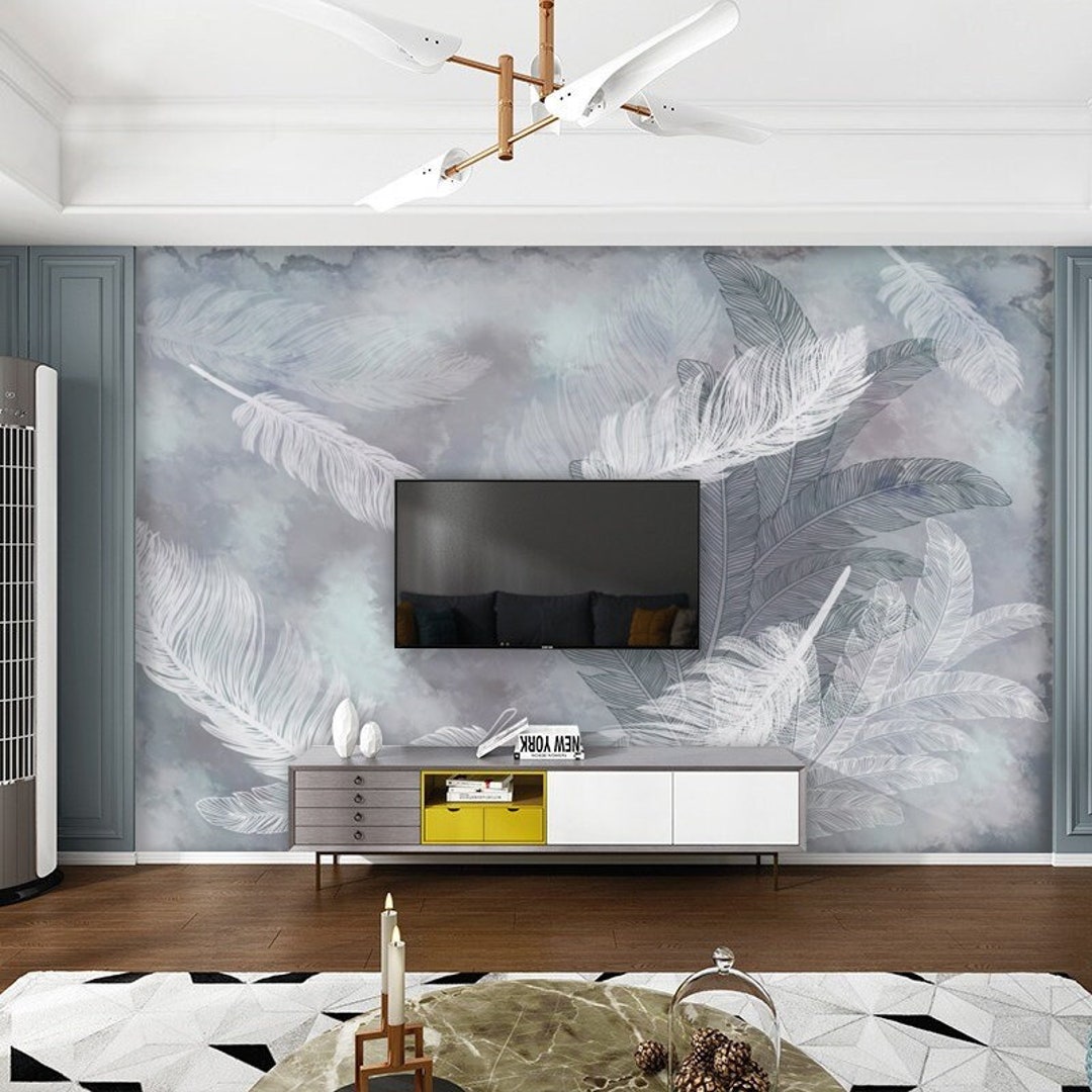 Simple Grey and White Feathers Wallpaper Wall Murals Home Etsy