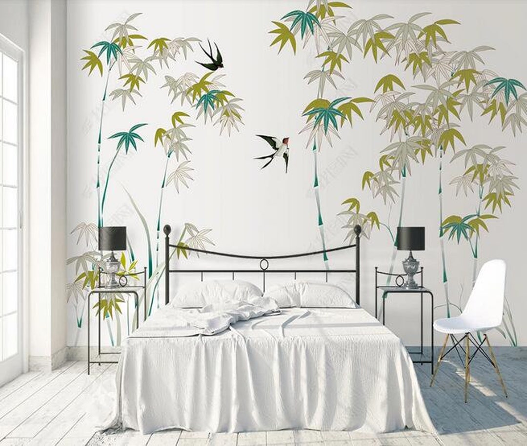 Chinese Style Brushwork Bamboo Wallpaper Flying Swallows and - Etsy