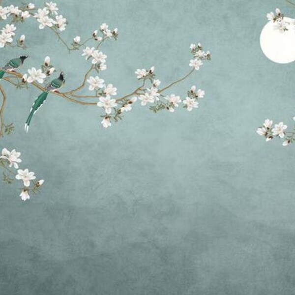 Chinoiserie Hanging Magnolia Flowers Floral Wallpaper, Birds and Moon Home Decor Wall Murals Wall Decor