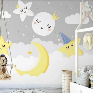 Cartoon Moon and Stars Nursery Wallpaper Mural
