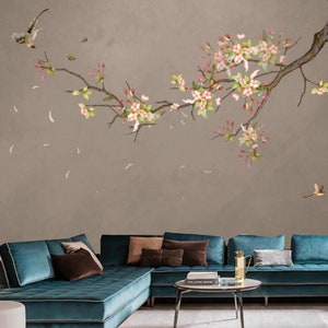 Chinoiserie Hanging Cherry Flower Blossom With Flying Birds Wallpaper ...