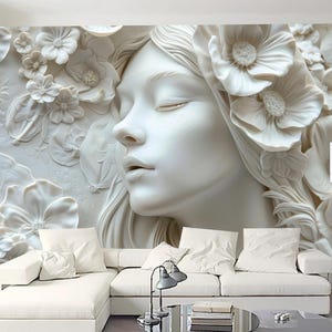 3D White Beauty Women with Flowers Wallpaper Wall Mural Home Decor