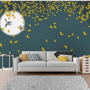 Chinoiserie Hanging Ginkgo Tree Wallpaper, Flying Birds and Moon Home Decor Wall Murals Wall Decor for Living or Dinning Room