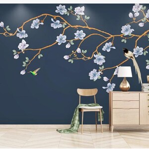 Chinoiserie Hanging Magnolia Wallpaper, Handpainted Brushwork Blue Flowers with Flying Birds Wall Murals for Living or Dinning Room