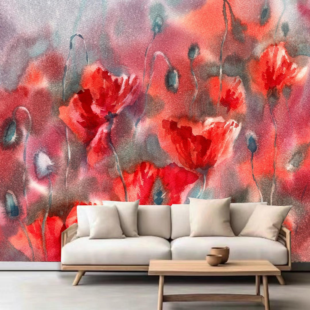 Red Flowering Poppy Field Flowers Floral Wallpaper Wall Mural Home ...