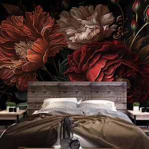 Dark Background Red Blooming Peony Flowers Floral Wallpaper Wall Mural Wall Decor