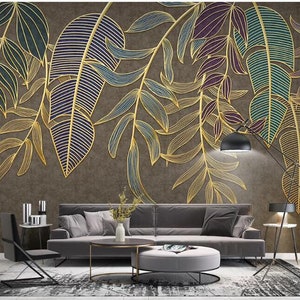 Tropical Rain Forest Banana Leaves Gold Lines Wall Mural Hand - Etsy