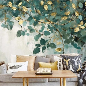 Hanging Green Leaves Branch Wallpaper Wall Mural Wall Decor for Living Room Bedroom Dinning Room