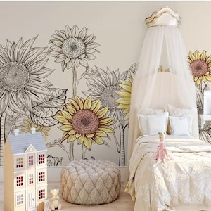 Papier peint pour chambre d&#39;enfant tournesols en dessin animé, décorations murales florales pour chambre de bébé et grands tournesols peints à la main