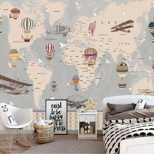 Safari Carte du monde de dessin animé Papier peint pour chambre d'enfant, carte du monde animaux de bande dessinée et montgolfière avion chambre de bébé chambre d'enfant peintures murales