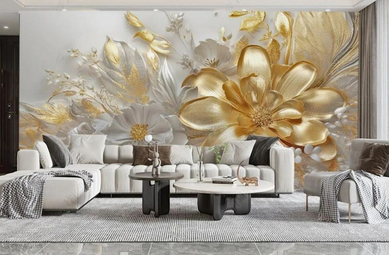 Gold Flowers Floral Wallpaper Wall Mural Home Decor for Living Room ...
