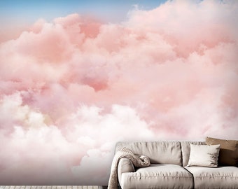 Abstract Hand Painted Pink Clouds Wallpaper Wall Mural, Dreamy Pink Clouds Cloudy Wall Mural, Beautiful Cloudy Wall Mural