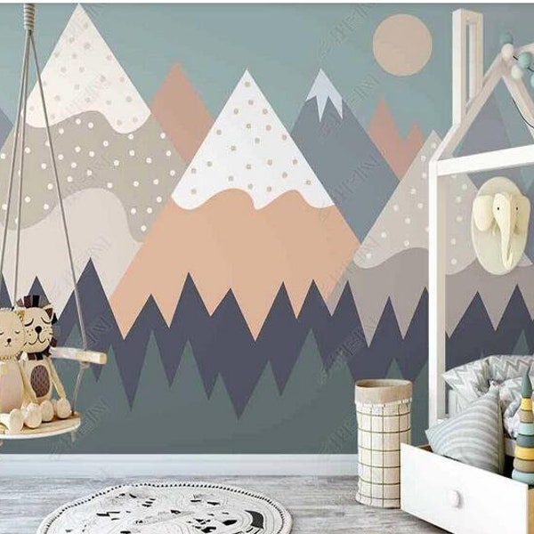 Triangle Mountains Geometry Nursery Wallpaper, Triangle Grey Mountains Babies Room Kids Room Children Room Wall Murals